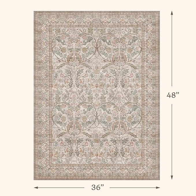 Moss Green Traditional 3x4 Kitchen Area Rug, Vintage Washable Rug for Front Door Entry Bathroom, Non-Slip Low Pile Throw Mat, Stain Resistant Distressed Entryway Welcome Mat for High Traffic