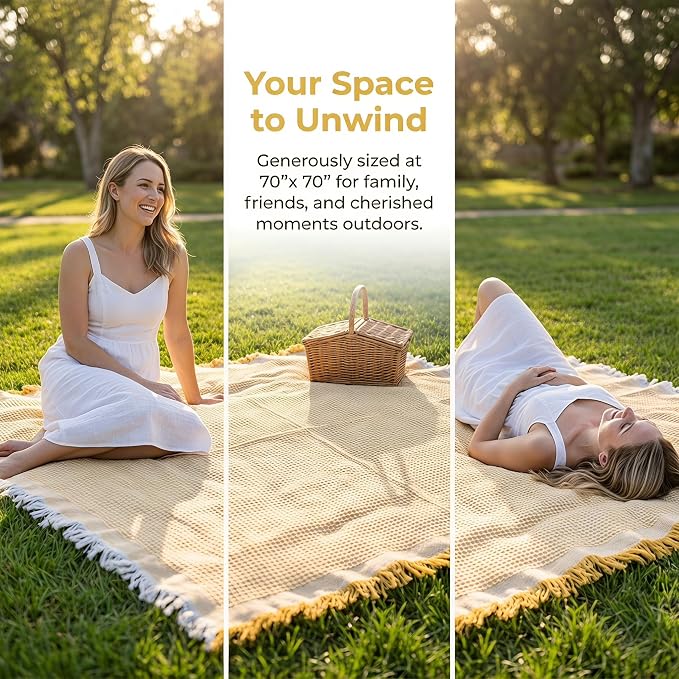 70"x 70" Picnic Blanket Extra Large,Layer Outdoor Blanket for 5 to 7 Adults,Camping Grass Lawn Park Accessories Cute Couple Gifts Ideas Wedding Registry for Park, Beach (Yellow)