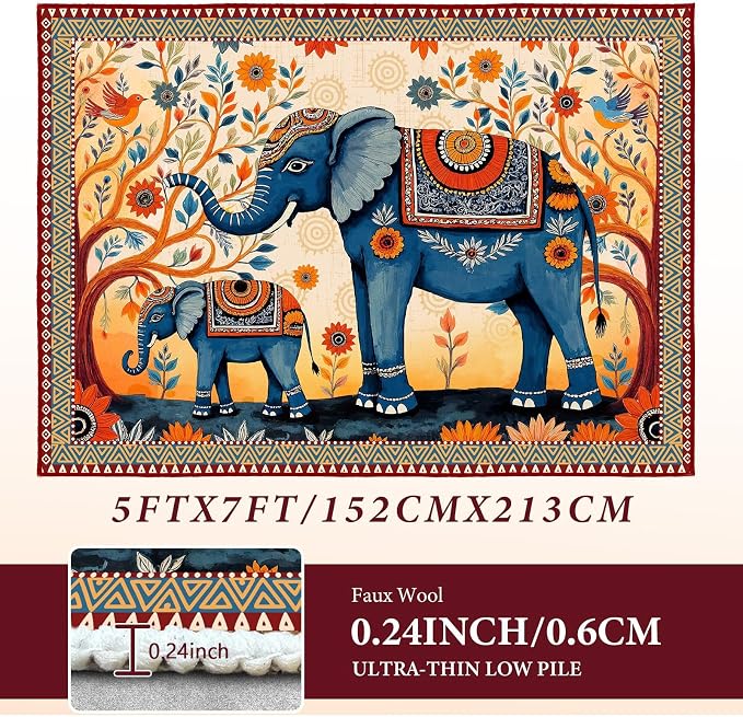 Boho Elephant Family Area Rug, 5x7ft Vintage Floral Mandala Tribal Pattern TPE Backing Non-Slip Washable Carpet, Bohemian Ethnic Floor Mat for Living Room Bedroom Entryway Farmhouse Home Decor