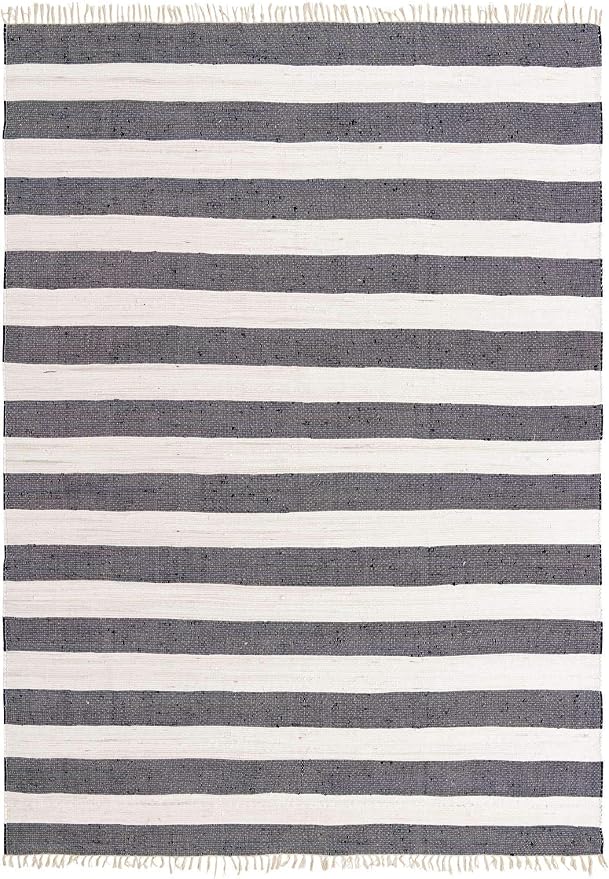 Unique Loom Chindi Rag Collection Area Rug - Striped (10'x 14' 1" Rectangle, Navy Blue/ Ivory)