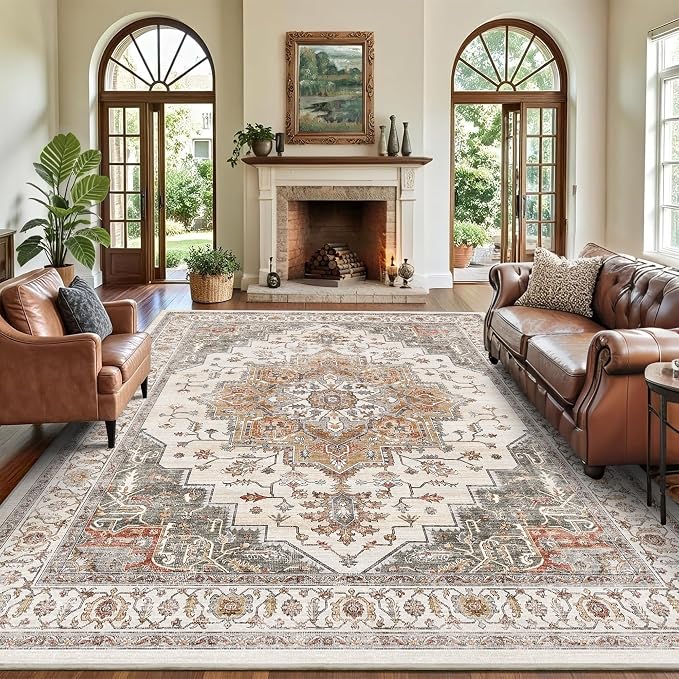 9x12 Area Rug for Living Room Large Washable Vintage Area Rug | Non-Slip Retro Print Low Pile Stain Resistant Carpet Orange Gray Distressed Indoor Rug for Bedroom Dining Room Nursery Office