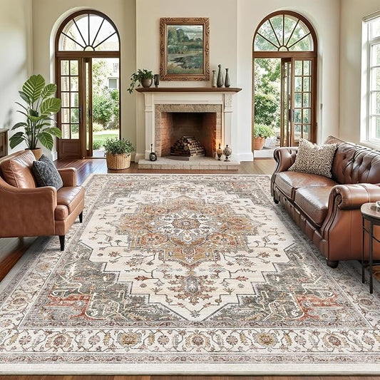 9x12 Area Rug for Living Room Large Washable Vintage Area Rug | Non-Slip Retro Print Low Pile Stain Resistant Carpet Orange Gray Distressed Indoor Rug for Bedroom Dining Room Nursery Office
