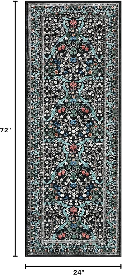 GarveeHome Black Floral 2x6 Washable Kitchen Runner Rug | Vintage Stain Resistant Rugs for Entryway Hallway Bedroom Bathroom Low-Pile Non-Slip Soft Botanical Boho Rug TPE Backing