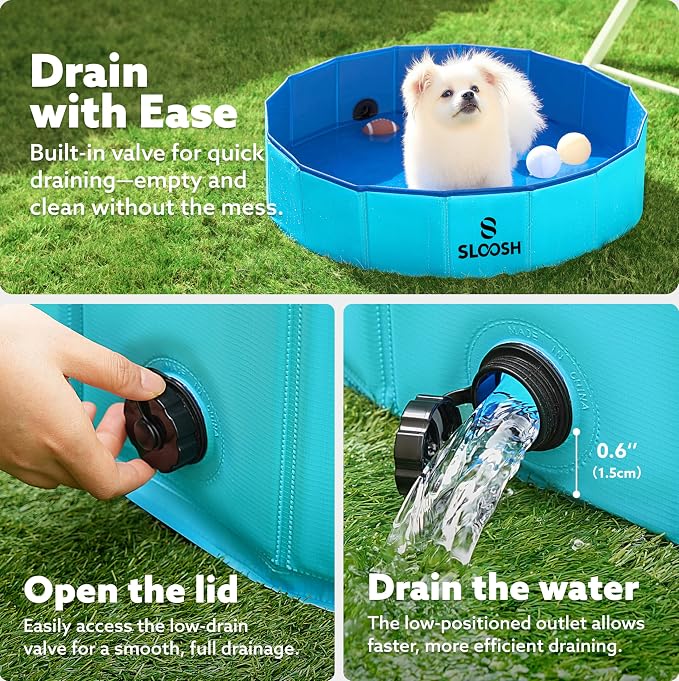 Sloosh Foldable Dog Kiddie Pool - Portable Hard Plastic Doggie Swimming Pool, Anti-Slip Collapsible Pets Bath Tub Suitable for Kids Indoor Outdoor Backyard Use (Blue, 32" x 8")