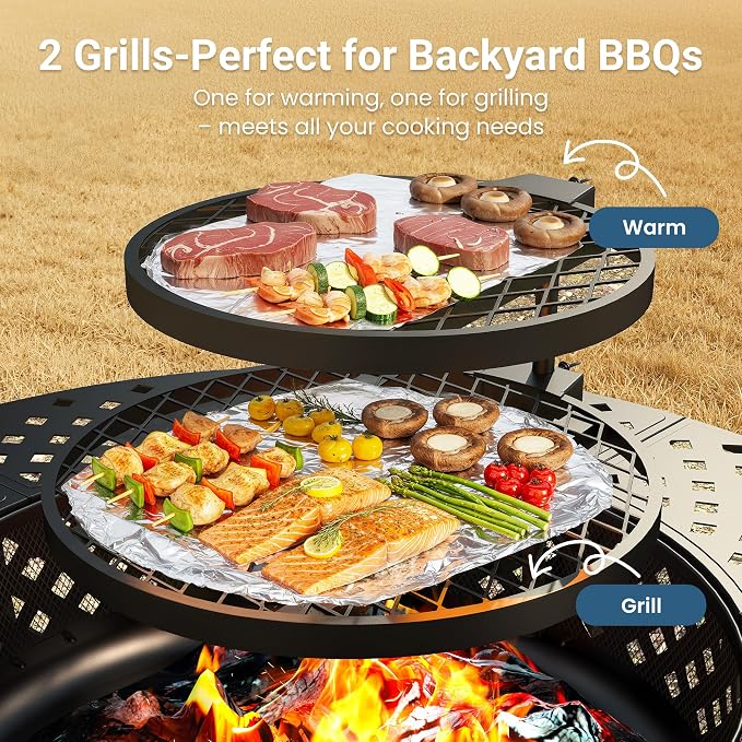 Wisteria Lane 3 in 1 43" Extra Large Fire Pit for Outside Wood Burning with 2 Adjustable Grills, Outdoor Fireplace with Lid and Fire Poker, BBQ & Bonfire & Round Metal Table for Patio, Backyard