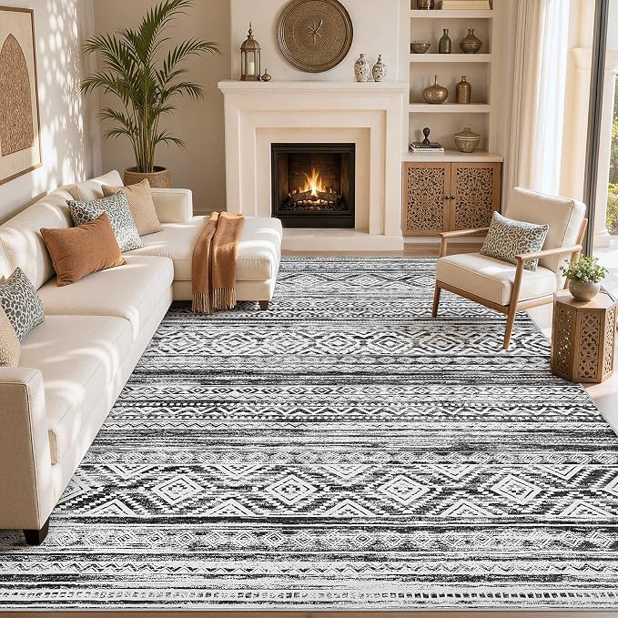 cotiled Boho 10x12 Area Rug for Living Room: Large Moroccan Washable Rug | Solve Modern Neutral Trendy Home Decor - Stain Resistan Carpet for Bedroom Farmhouse White Black