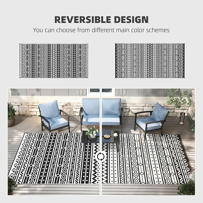 Outsunny Outdoor Rug for Patio, 9' x 18' Waterproof Large Mat, Reversible Plastic Straw Rug for Decor, Portable Outside RV Camping Area Carpet Mat for Backyard Porch Deck Picnic, Black White Geometric