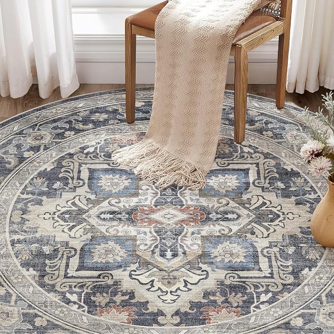 Round Washable Area Rug 8ft, Boho Vintage Distressed Oriental Medallion, Neutral Blue, Thin Carpet for Living Room Bedroom Home Office Decor -Blue