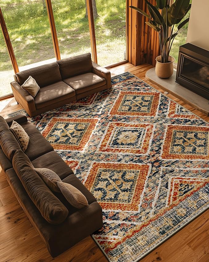 Area Rug 8x10 Rug Machine Washable Non-Slip Low Pile Print Pattern Western Rug for Living Room Bedroom Entryway Tribal Series -Orange/Brown | Soft Western No Slip Low Pile Print Foldable Indoor for Kitchen Dining Room