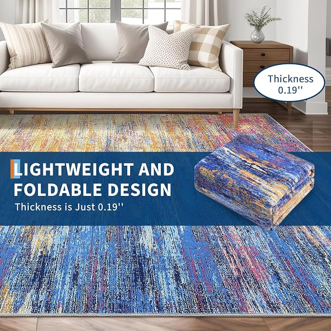 ROYHOME Washable Rug 9x12 Area Rug for Living Room, Blue/Orange | Non Slip Abstract Rug for Bedroom, Ultra Soft Area Rug, Low Pile Soft Contemporary Indoor Floor Carpet Cover
