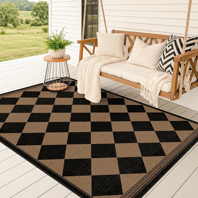 Black & Brown Checkered Easy Jute Outdoor Rug 4x6 for Porch Patio, Washable Non-Slip Diamond Checkerboard Entryway Office and Backyard Boho Border Rug, Farmhouse Low Pile Indoor Carpet for Living Room