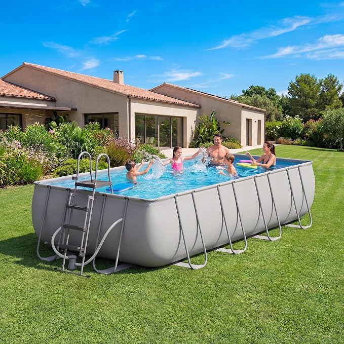 18ft X 9ft Above Ground Pool Set with Removable Ladder and Filter Pump, Rectangular Swimming Pool with Steel Frame for Backyard, Gray