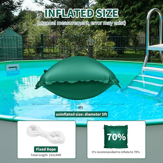 CACSPS 3 Pack Pool Pillow for Above Ground Pools, 4x4 Ft Air Pillow for Closing Winter Winterizing Kit, 0.5mm PVC Material, 2X 16.5Ft Rope (Green)