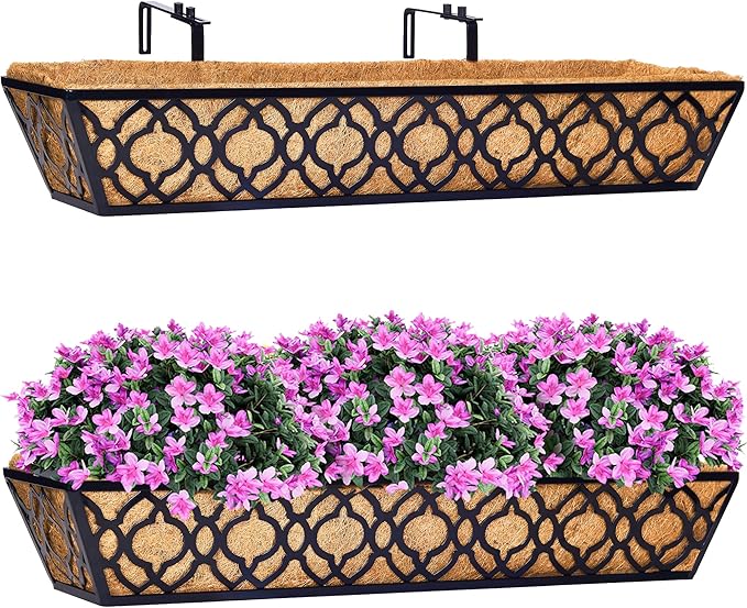HFHOME 2 Pcs 30" Deck Railing Planter Box with Horse Trough Coco Liners, Black Window Box Metal Hanging Flower Planters Baskets for Indoor, Outdoor, Balcony, Porch, Fence, Patio, and Lawn