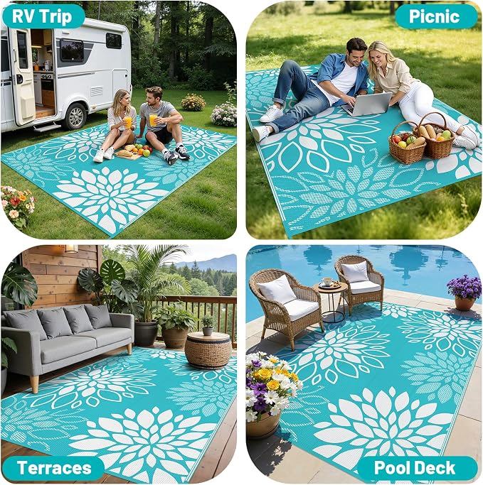 HEBE Waterproof Outdoor Rug 6x9 for Patios, Floral Reversible Plastic Straw Rug Patio Mat, Indoor Outdoor Carpet RV Mat Camping Rug for Deck, Camper, Porch, Balcony, Backyard, Picnic