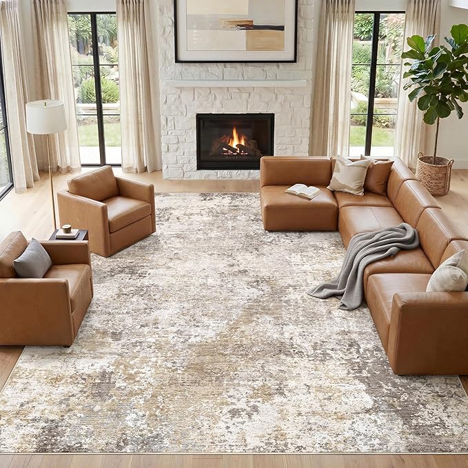Nakagishi 12X15 Abstract Washable Area Rugs for Living Room-Golden Brown | Modern Non-Slip Silicone Backing Low Pile Soft Carpet for Bedroom Dining Decor for Families with Kids and Pets