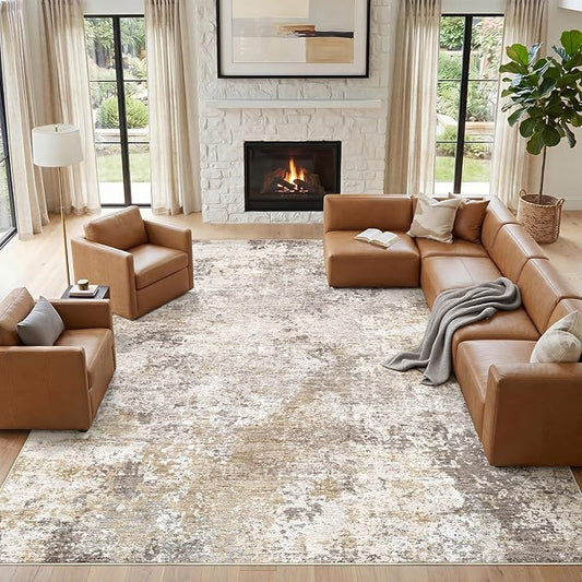 Nakagishi 12X15 Abstract Washable Area Rugs for Living Room-Golden Brown | Modern Non-Slip Silicone Backing Low Pile Soft Carpet for Bedroom Dining Decor for Families with Kids and Pets