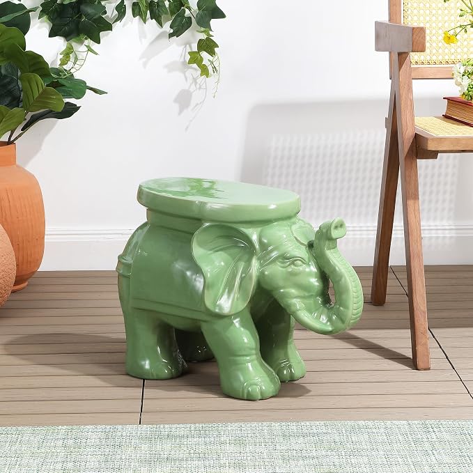 JONATHAN Y White Elephant 14.25" Glazed Ceramic Elephant Garden Stool, Weather-Resistant Indoor/Outdoor Patio Side Table and Plant Stand, Bohemian, Green TBL1007F