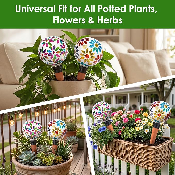 Terracotta Watering Spikes Mosaic Watering Globes for Outdoor Plants 2 Pack Automatic Plant Waterer Watering Devices Water Bulbs