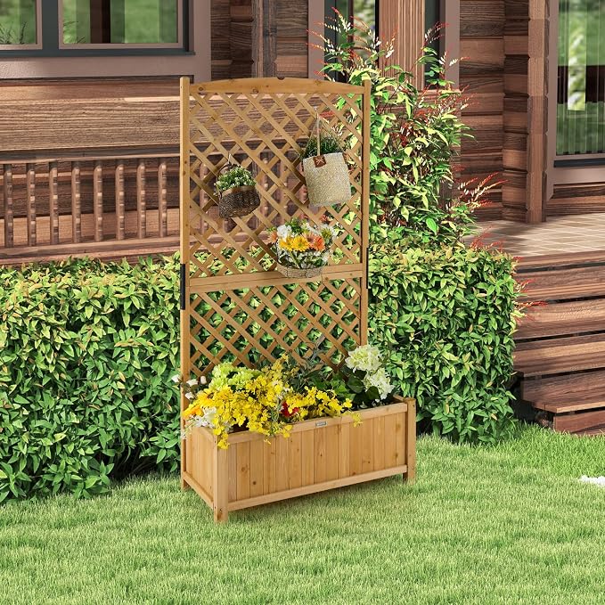 Giantex 2 Pcs Planter Raised Bed with Trellis, 71" Wooden Garden Bed, High Trellis for Plant Flower Climbing Pot Hanging, Indoor & Outdoor Planter Box for Yard, Garden, Balcony