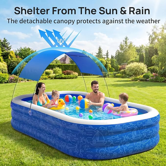 Large Inflatable Swimming Pool with Removable Canopy, 150" x 70" x 20" Full-Sized Kiddie Pool for Kids & Adults, Outdoor Blow-Up Pool with Sun Shade for Backyard & Garden, Durable & Safe, Age 3+