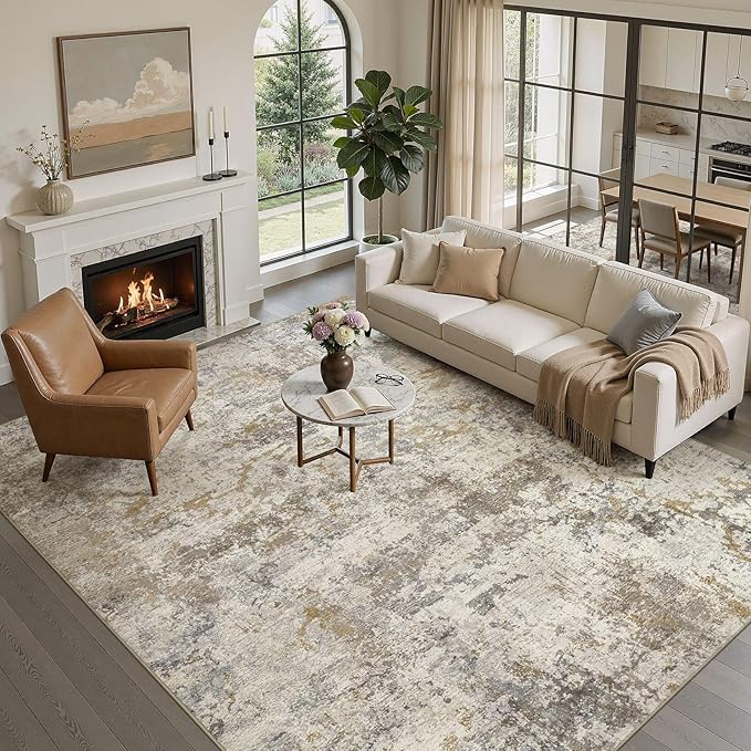 kakania Washable 9x12 Area Rug for Living Room: Abstract Modern Home Decor | Soft Stain Resistant, Low-Pile, Non-Slip, Pet & Kid Friendly, Thin Rug for Bedroom/Dining Room/Kids Dorm - Brown Gold