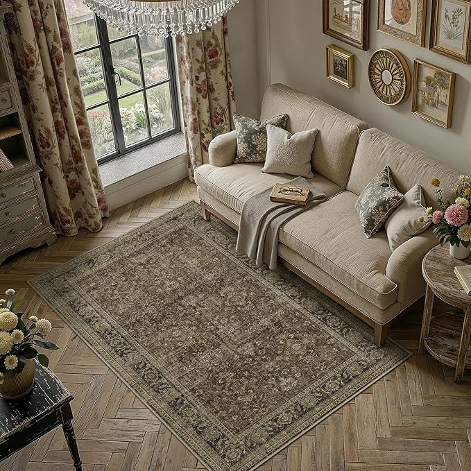 5x7 Taupe Brown Vintage Area Rug | Washable, Non Slip, Soft Low Pile, Distressed Farmhouse, for Living Room Bedroom Dining Room Office Indoor Home Decor