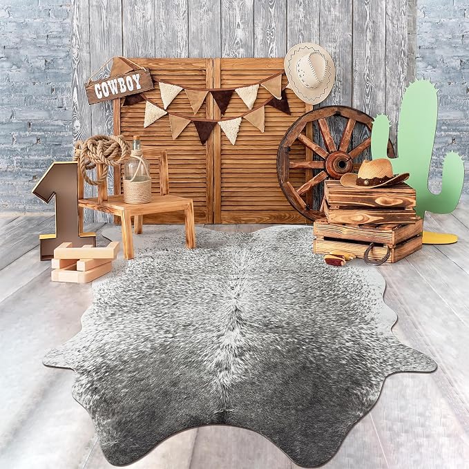 Large Washable Faux Cowhide Rug 6x7 Grey, Modern Farmhouse Animal Skin Area Rugs, Non Slip Cow Print Carpet for Large Living Room Bedroom Office, Vintage Aesthetic Floor Mat