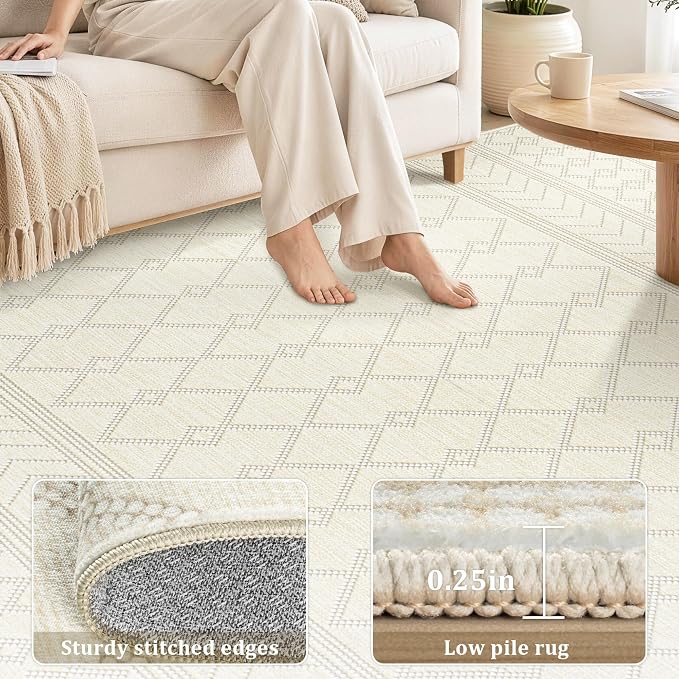 5x7 Area Rug For Living Room, Washable Beige Rugs Non Slip Low Pile | Neutral Large Soft Rug，Modern Geometric Carpet For Bedroom Dining Room Home Office Decor rug