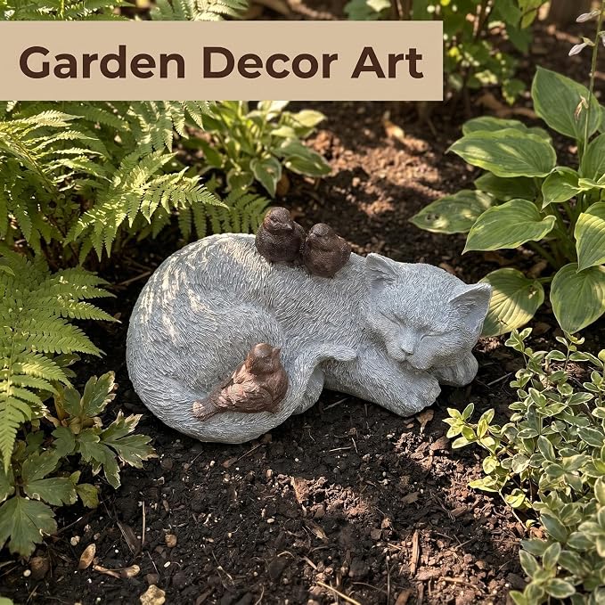 Resin Sleeping Cat Memorial Statue with Birds – Indoor Outdoor Garden Figurine Decor for Patio, Yard & Home, Realistic Tribute Sculpture, Sympathy Gift for Pet Lovers (11.4×7.3×5.9 in)