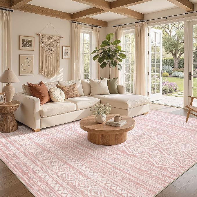 Nakagishi Area Rug Living Room Rugs: 10x14 Large Soft Machine Washable Boho Moroccan FarmNeutral Stain Resistant Indoor Floor Carpet for Bedroom Under Dining Table Home Office Decor-Pink