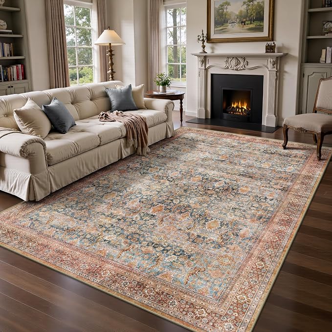 6x9 Area Rugs - Washable Vintage Retro Living Room Rug, Soft Ultra Thin Non Slip Low Pile Traditional Distressed Boho Carpet for Bedroom Dining Room Nursery Home Office, Rust Clay