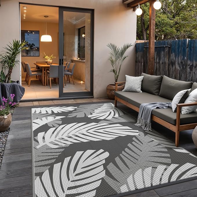 GENIMO Waterproof Outdoor Rug 6' x 9' for Patio Decor, Reversible Plastic Straw Area Rugs for Camping Clearance, RV Mat, Large Outside Carpet for Porch, Deck, Picni, Balcony, Garden, Grey & White