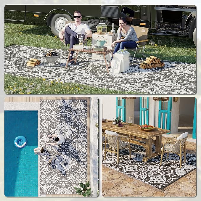 Outsunny Outdoor Rug for Patio, 9' x 18' Waterproof Large Mat, Reversible Plastic Straw Rug for Decor, Portable Outside RV Camping Area Carpet Mat for Backyard Porch Deck Picnic, Gray & White Floral
