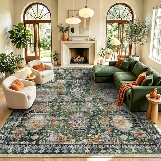 Washable Area Rugs - Perfect for Living Room, Bedroom, Kids Room, Nursery - Stain & Water Resistant Non-Slip, Pet & Child Friendly, Vintage Tribal Area Rugs (Green, 8' x 10')
