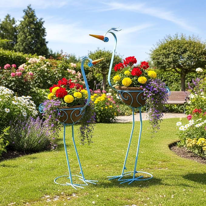 Pelican Metal Flowers Plant Holders Stand with Coconut Pots 2 Sets | Manortang Plants Stand Flower Pots Outdoor, Room Home Living Room Front Outdoor Patio Decor, Gardening Decoration Gifts