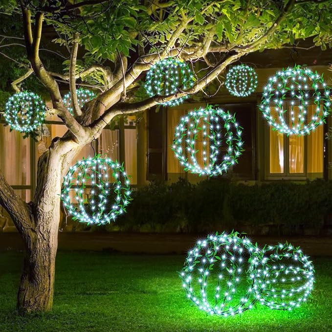 Joomer Solar Hanging Ball Lights Outdoor, 2-Pack 13in & 11in Total 264 LED Solar Globe Lights, 8 Modes Waterproof Metal Sphere Lights with Hooks for Patio Garden Decor - White