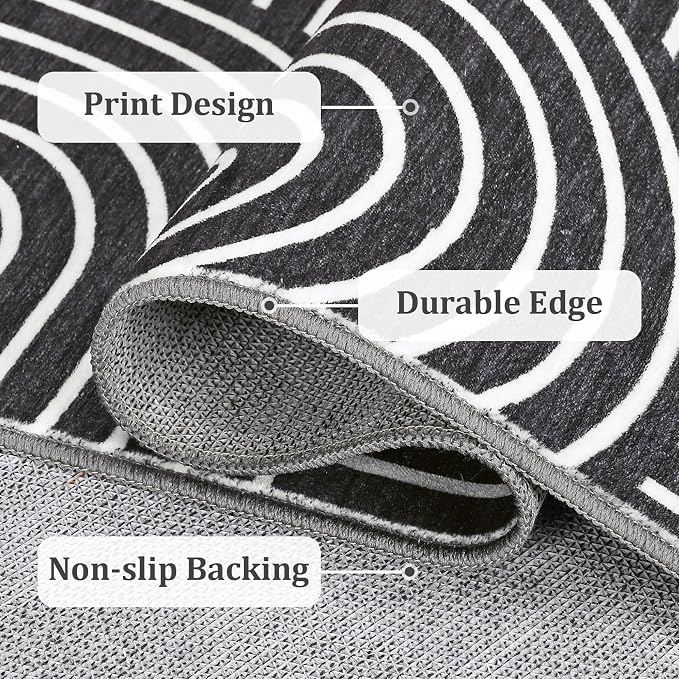 ROYHOME Modern Washable Rug 8x10 Area Rugs for Living Room Non Slip, Black | Abstract Rug for Bedroom, Rainbow Throw Rugs with Rubber Back, Low Pile Stain Resistant Boho Geometric Carpet for Dining Room