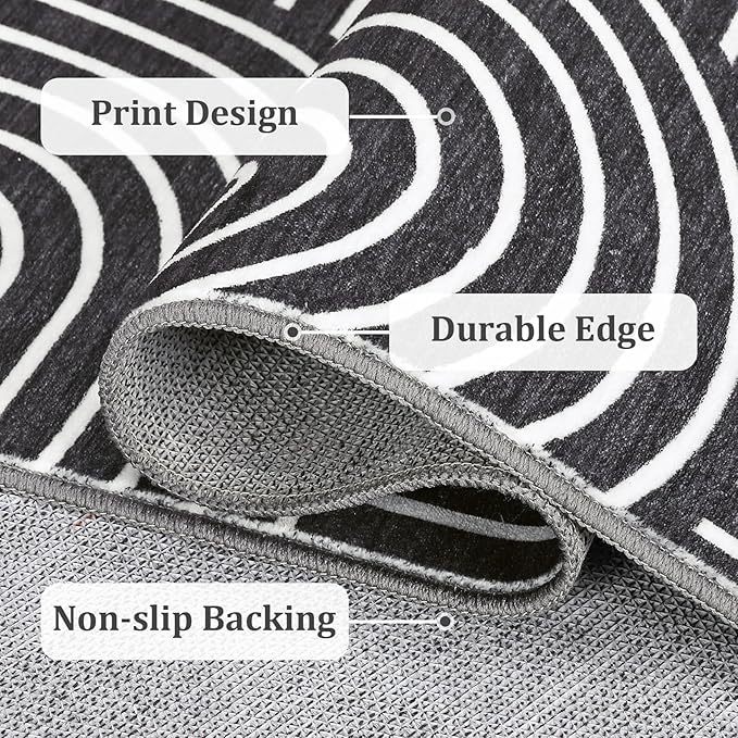 ROYHOME Modern Washable Rug 3x5 Area Rugs for Living Room Non Slip, Black | Abstract Rug for Bedroom, Rainbow Throw Rugs with Rubber Back, Low Pile Stain Resistant Geometric Carpet for Playroom Dorm