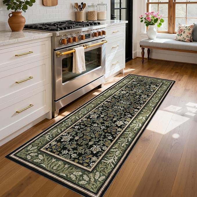 GarveeHome 2x6 Runner Rug Non Slip Washable Runners for Hallway Green Black | Boho Vintage Runner Rugs with Rubber Backing Soft Low-Pile Stain Resistant Indoor Long Carpet for Kitchen Entryway Bedroom