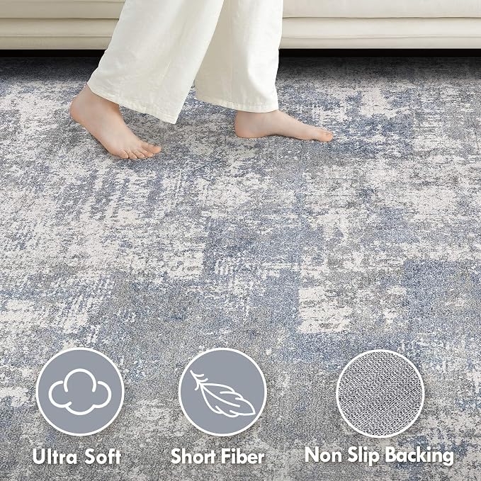 Tortania Washable 9x12 Area Rug for Living Room: Modern Abstract Neutral Large Soft Thin Rugs - Non Slip Indoor Carpet for Bedroom Dining Room Office Nursery Home Floor Decoration - Blue Grey