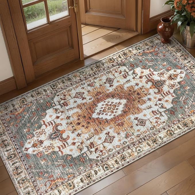 Tangsoo 2x4 Runner Washable Rugs for Entryway, Non Slip Small Area Rug | Oriental Indoor Front Door Print Rug, Vintage Small Carpet, Boho Soft Low Pile Rugs for Entrance Entry Kitchen Turmeric Decor