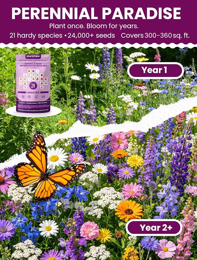 Wildflower Seeds – Perennial Paradise Mix, 21 Heirloom Species, 24,000+ Seeds (4oz) Covers 300-360 sq. ft., High Germination for Outdoor Pollinator Garden