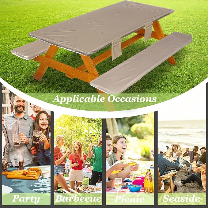 Wrakus Picnic Table Cover with Bench Covers Vinyl Elastic Edges Fitted Rectangle Seat Tables Waterproof 3-Piece72X30in Set Outdoor Rectangular Folding Backing Tablecloth for Camping Over Size