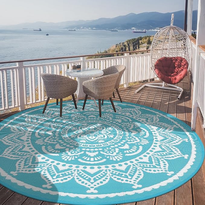 Bsmathom Waterproof Outdoor Rug 6ft Round Reversible Boho Plastic Straw Patio Deck Camping Rugs, Indoor Outdoor Portable RV Mat Carpet for Outside, Porch, Balcony, Backyard, Beach, Pool,Flower Teal