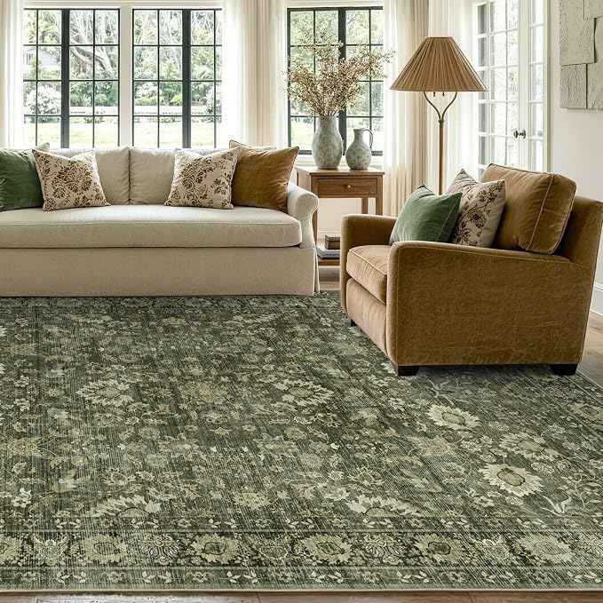5x7 Ft Area Rugs for Living Room, Soft Non-Slip Machine Washable Rug, Vintage Stain Resistant Carpets for Bedroom Nursery Dining Room Home Decor (Green)