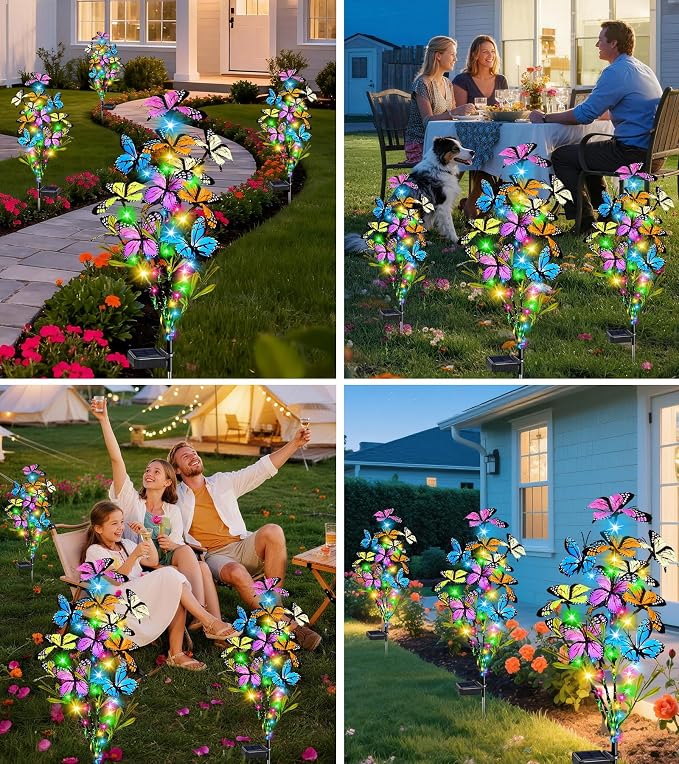Solar Garden Lights Outdoor Waterproof Garden Decor, 4 Pack Upgraded 240 LED 54 Butterfly Colorful Outdoor Solar Decor for Yard Patio Gifts for Womens Mom