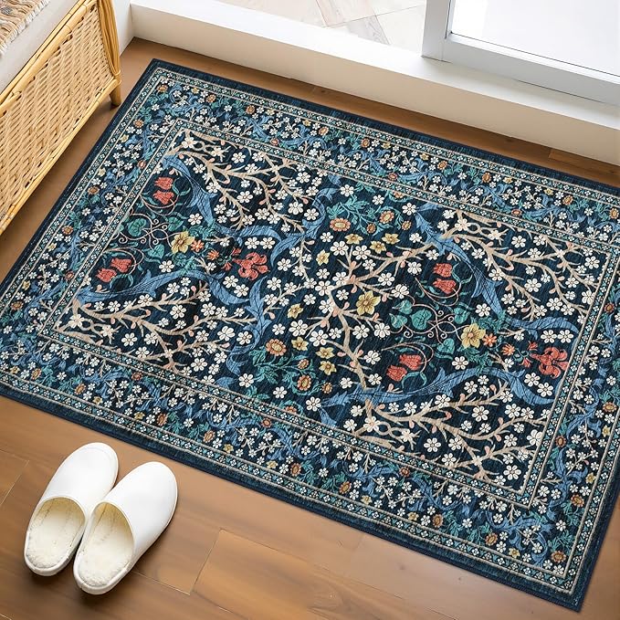 GarveeHome Blue Floral 2x3 Washable Rug Small Door Mat | Vintage Stain Resistant Rugs for Entryway Hallway Bedroom Bathroom Low-Pile Non-Slip Soft Botanical Boho Rug TPE Backing