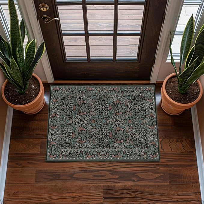 2x3 Area Rug Washable Entry Rug, Vintage Floral Thin Rug for Kitchen, Non-Slip Bathroom Small Rugs, Front Door Throw Rugs Indoor, Boho Entryway Decor (2x3 Dark Green)