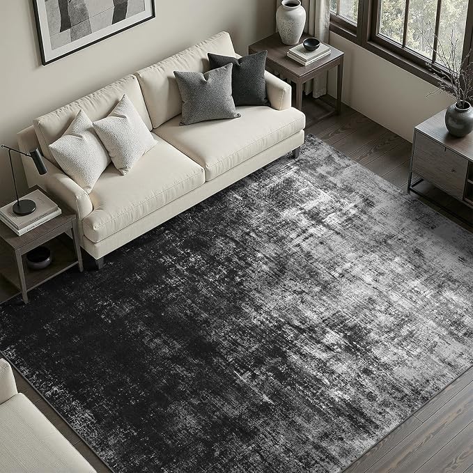 DCX Washable Abstract Area Rug 5x7, Non Slip Low Pile Rug, Black | Easy to clean, non-shedding, soft, kid & pet friendly, with a non-slip rubber backing for living rooms, bedrooms, and offices
